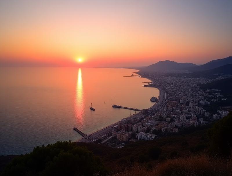 Antalya sahilinin gün batımında panoramik görünümü